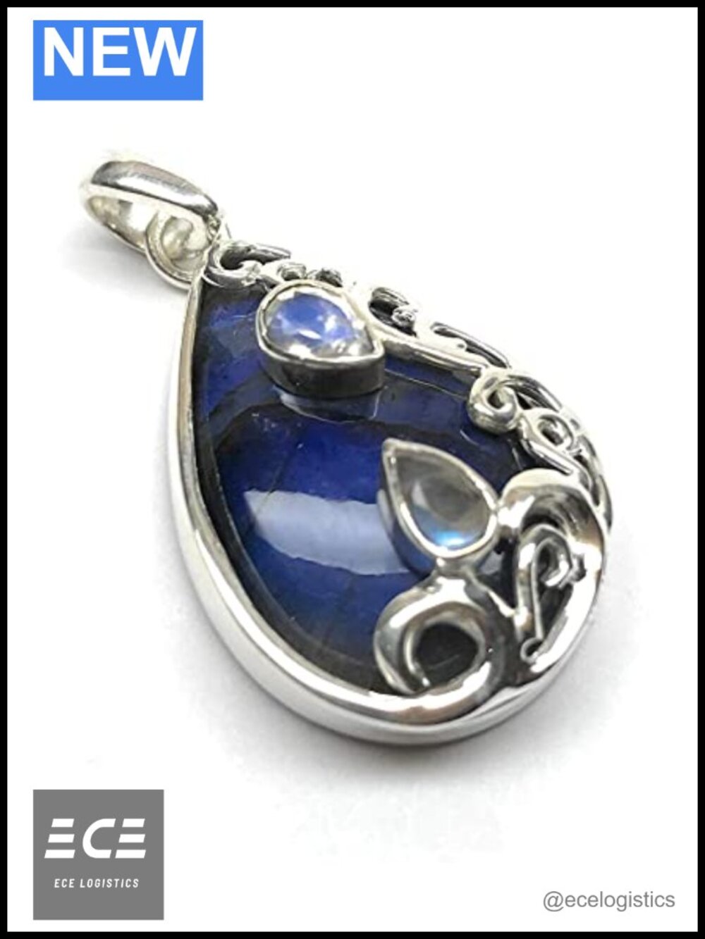 Labradorite Moonstone Sterling Silver Pendant Necklace Pear Shaped